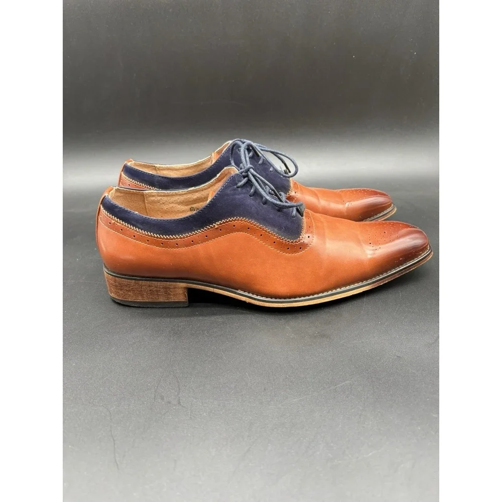 Gino Vitale Oxford Mens 11 Tan Navy Blue Excellent‎ Two Tone Brogue Dress Shoes
